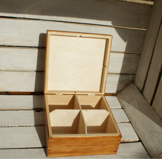 Wooden Tea Box Tea Organizer Rustic Tea Box Feather Box 4 Compartment ...