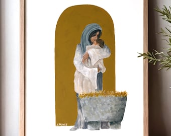Nativity Fine Art Giclee Print: Mary and Jesus, Christmas Watercolor Painting (8x10)
