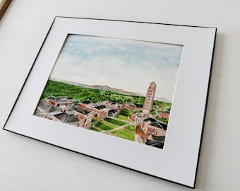 Lynchburg VA Watercolor Fine Art Giclee Print: Campus Landscape Graduation Gift
