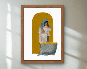 Nativity Fine Art Giclee Print: Mary and Jesus, Christmas Watercolor Painting (8x10)