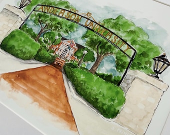 Anderson SC Fine Art Giclee Print: Watercolor Campus Landscape, Graduation Gift