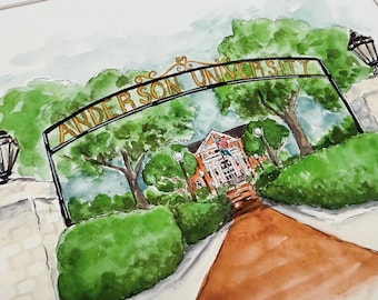 Anderson SC Fine Art Giclee Print: Watercolor Campus Landscape, Graduation Gift, Diploma Art
