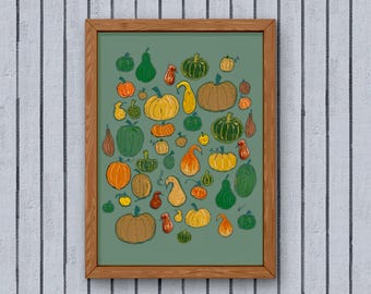 Printable Green Modern Textured Pumpkins, Modern Fall Wall Fine Art : (Digital Download)