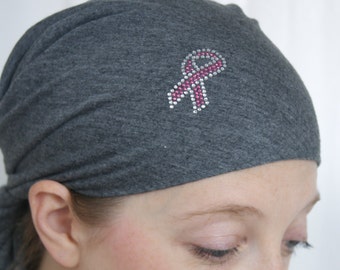 Head SCARF-w/ Pink & Silver Studded Breast Cancer Ribbon, Sparkle, Fashionable, Cancer,Chemo,Bandana Headcovering,Hair Loss,Pre-Tie Optional
