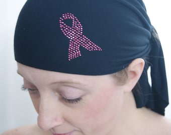 Head SCARF-w/Pink Rhinestone Breast Cancer Ribbon, Sparkle, Fashionable,Cancer Scarves,Alopecia,Chemo,Bandana Headcovering,Hair Loss