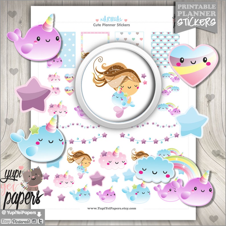 unicorn stickers printable planner stickers mermaid etsy