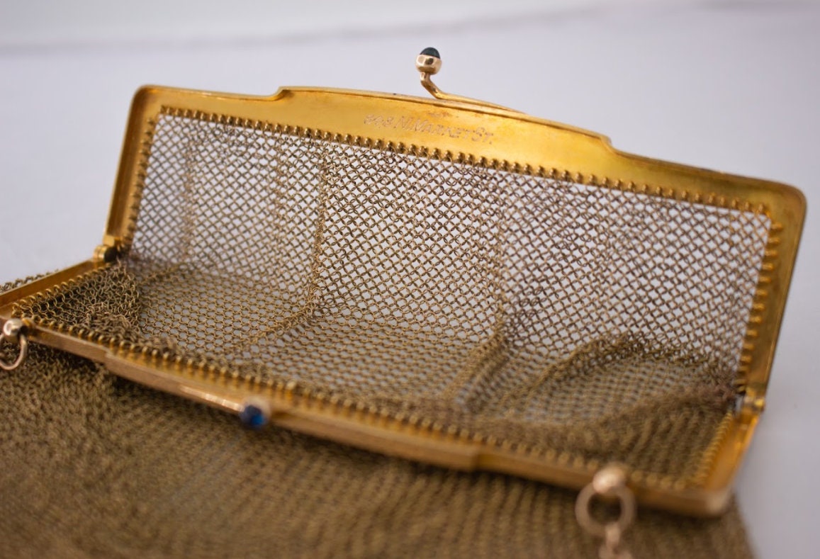 Product Image for Art Deco 14k Yellow Gold Mesh Chainmaille Purse Antique Sapphire Clasp 1920s