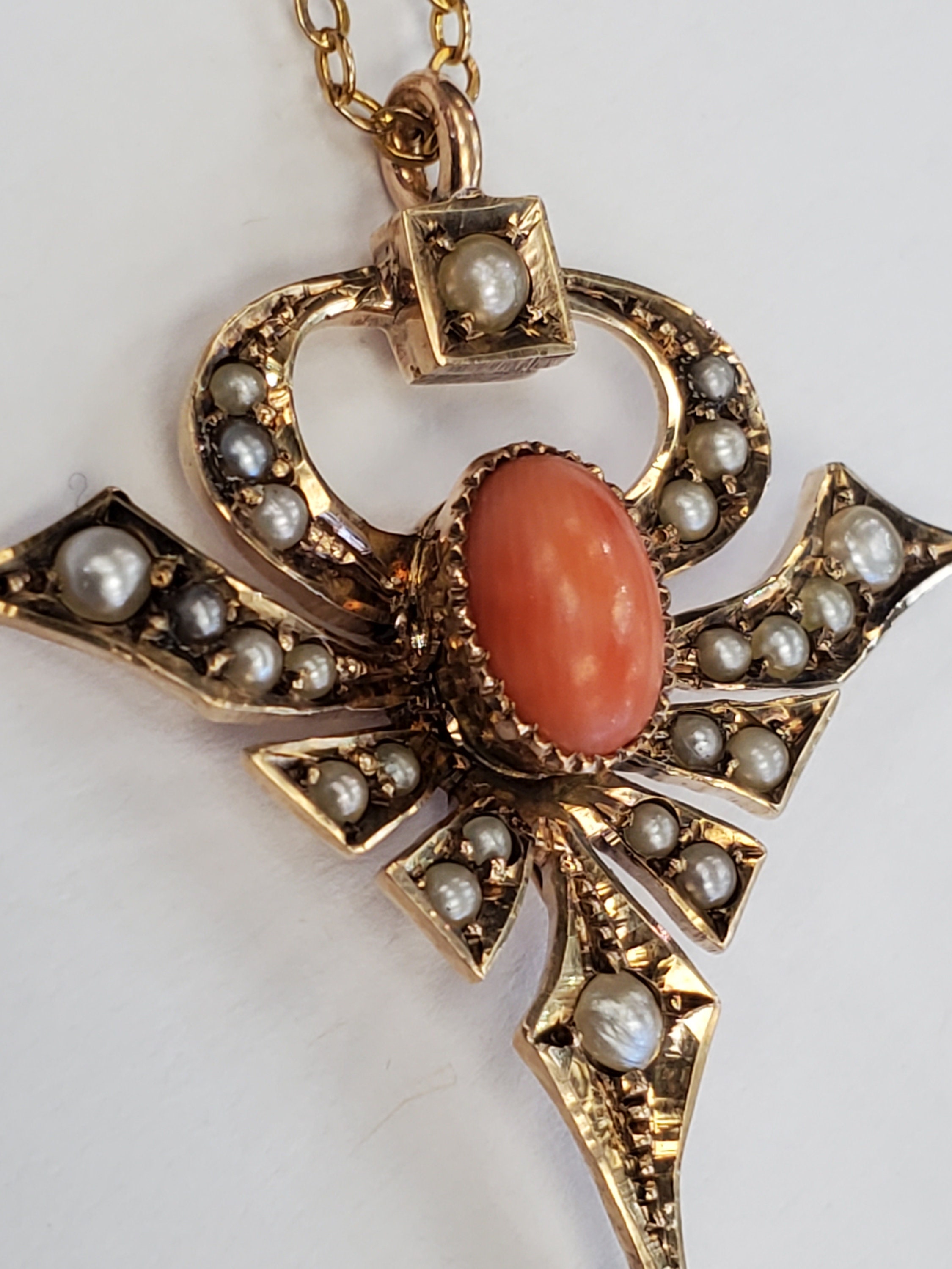 Product Image for Victorian seed pearl and coral lavalier pendant 10k yellow gold on chain