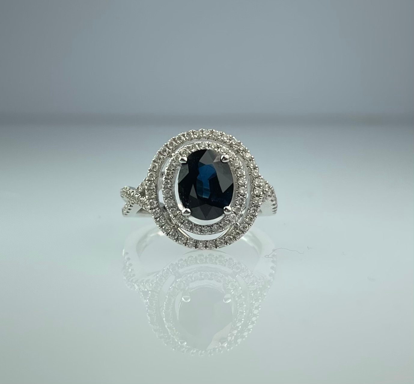 Product Image for Blue Sapphire & Diamond - Double Halo Ring - 14k White Gold