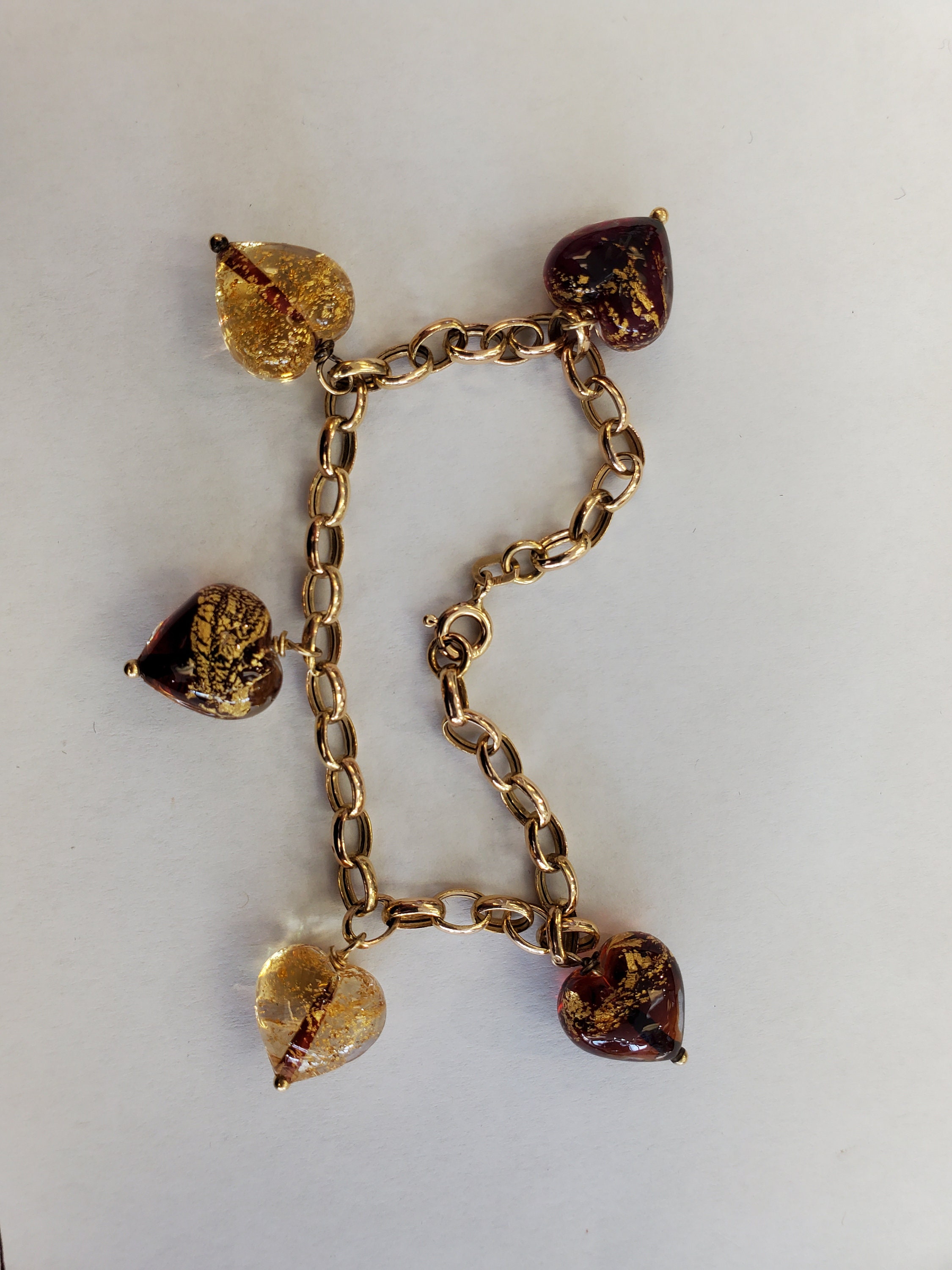 Product Image for Vintage Murano Glass Heart Charm Rolo Bracelet 14k Yellow Gold 7.5&quot;