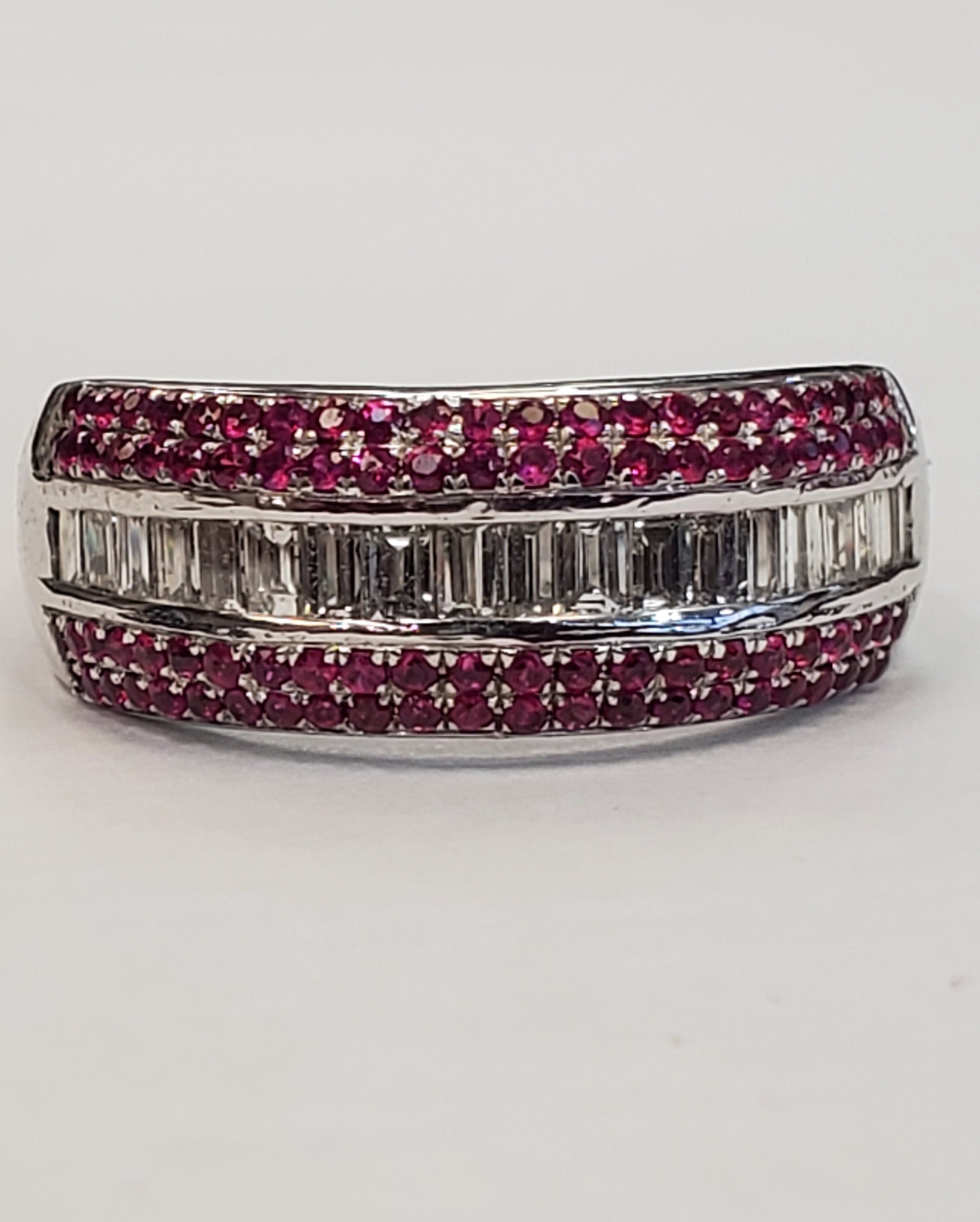 1.14cttw baguette diamond and .50cttw ruby 18k white gold band ring size 10.5