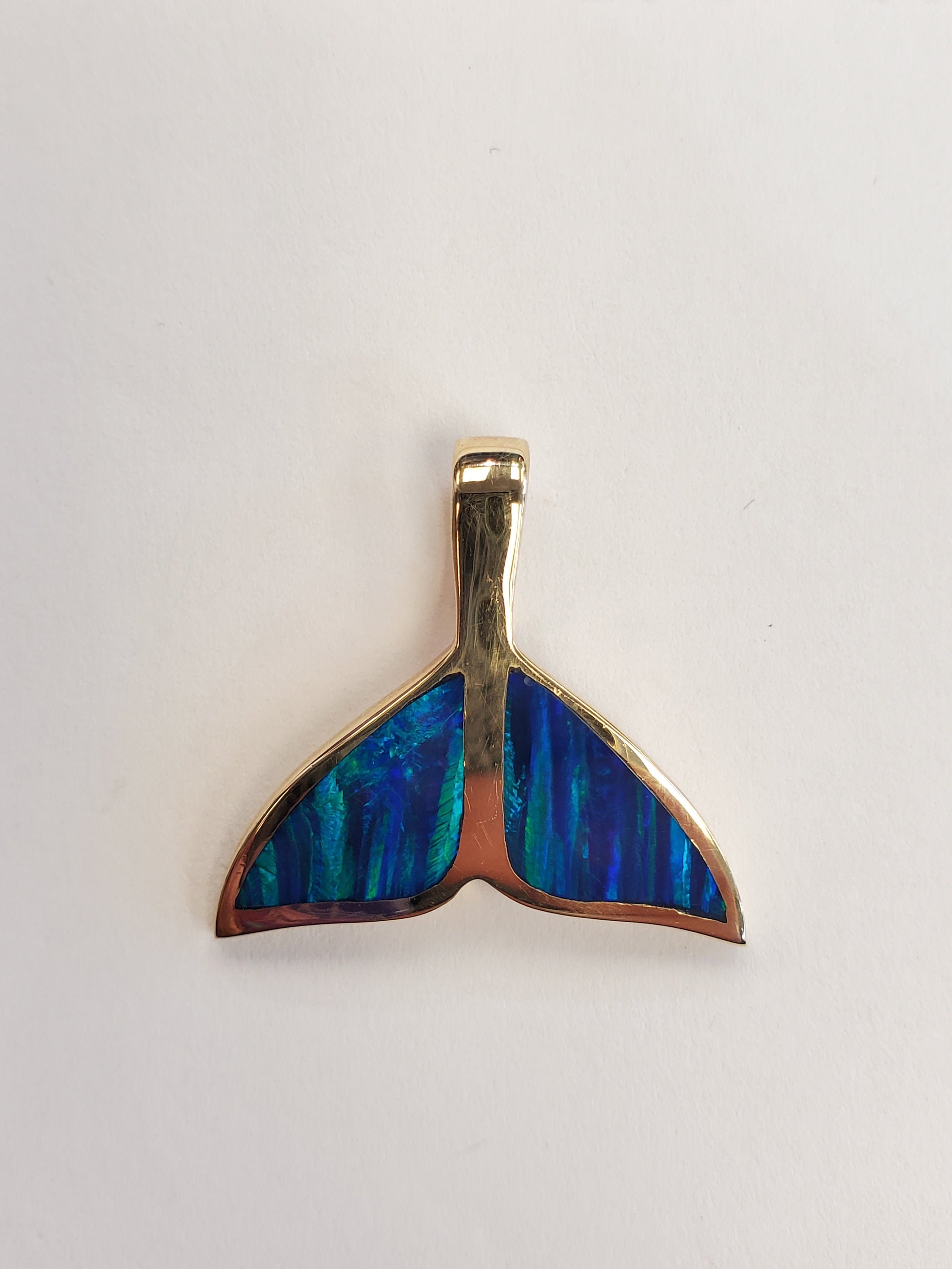 Opal Inlay Whale Tail Pendant 14k Yellow Gold