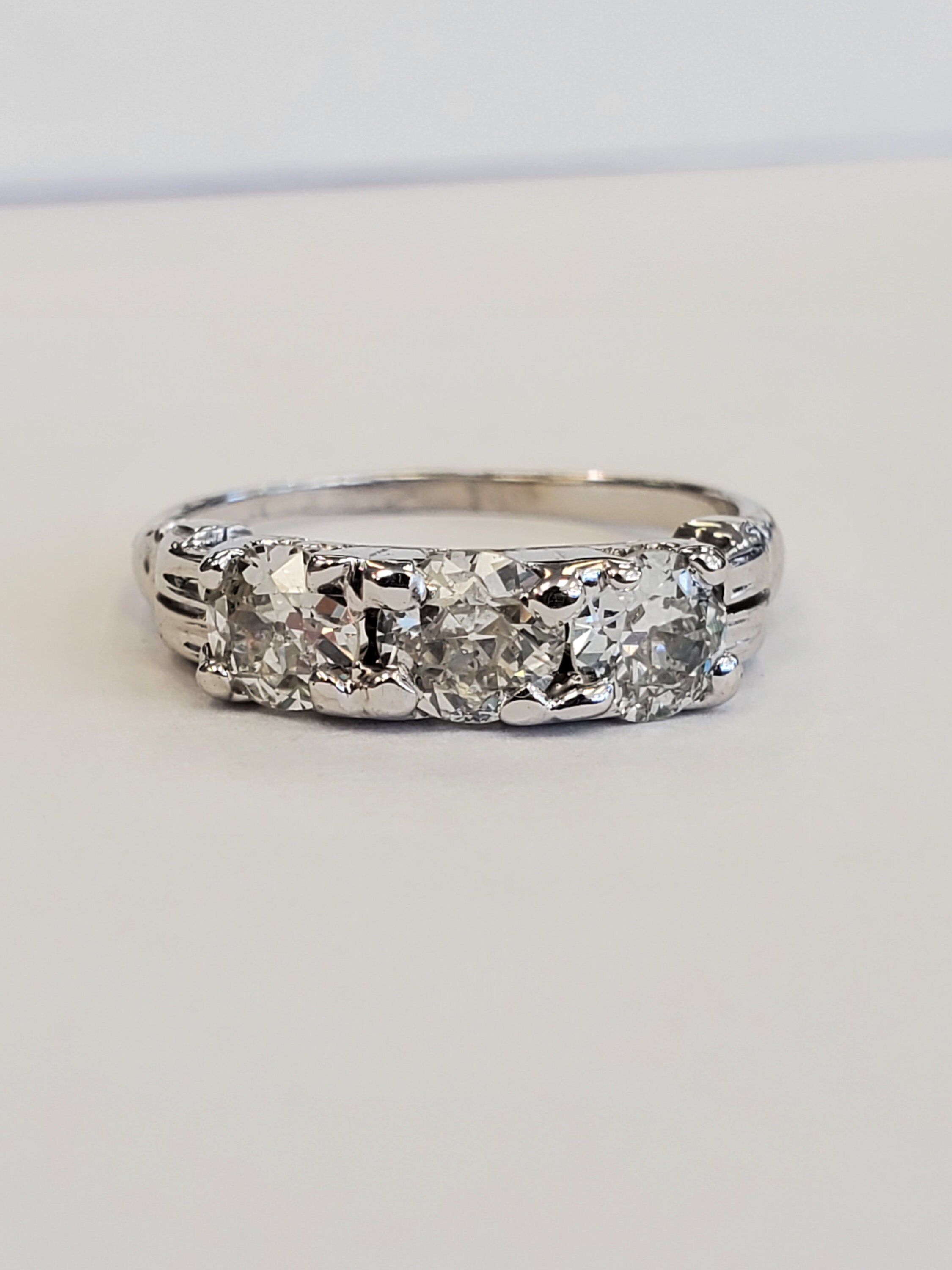 Product Image for Vintage 18k White Gold Three Diamond Old European Cut .98cttw Ring size 5 1/4