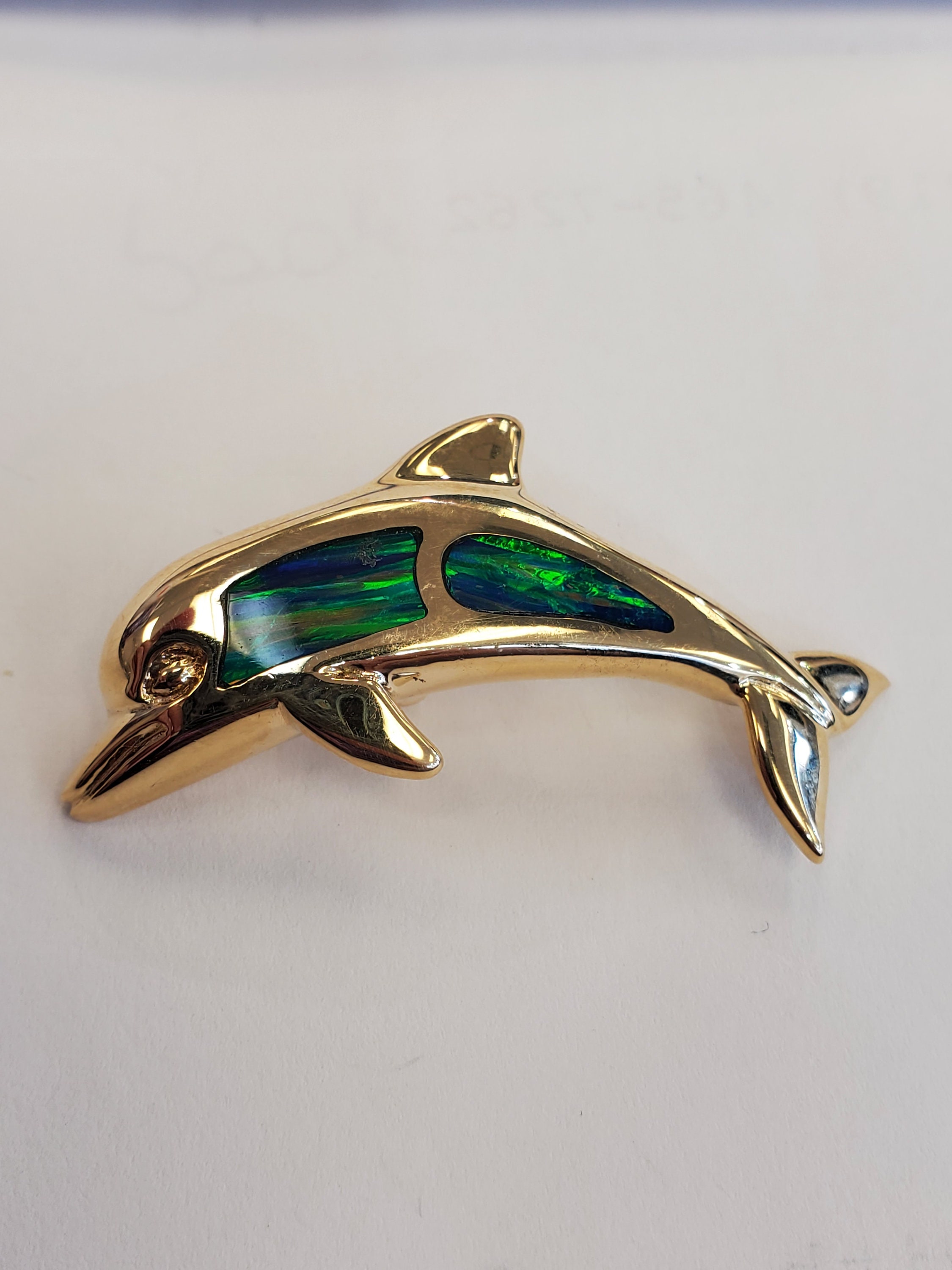 Opal Inlay Dolphin Pendant Slide 14k Yellow Gold