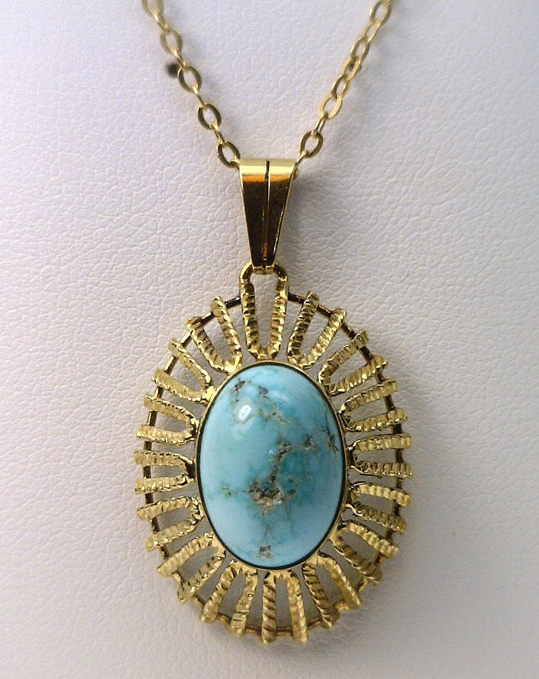 Vintage 18&quot; 14K Gold Turquoise Sunburst Necklace vpl