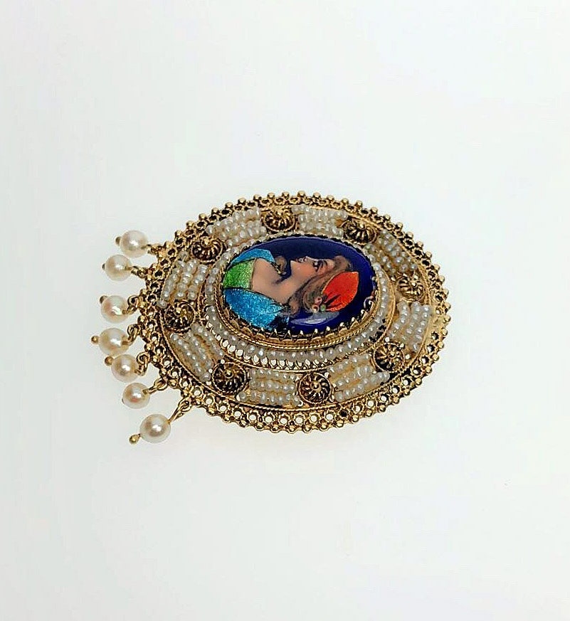 Product Image for 14K Gold Antique French Hand Painted  Cloisonne Limoges Cameo Pendant Brooch with Seed Pearls