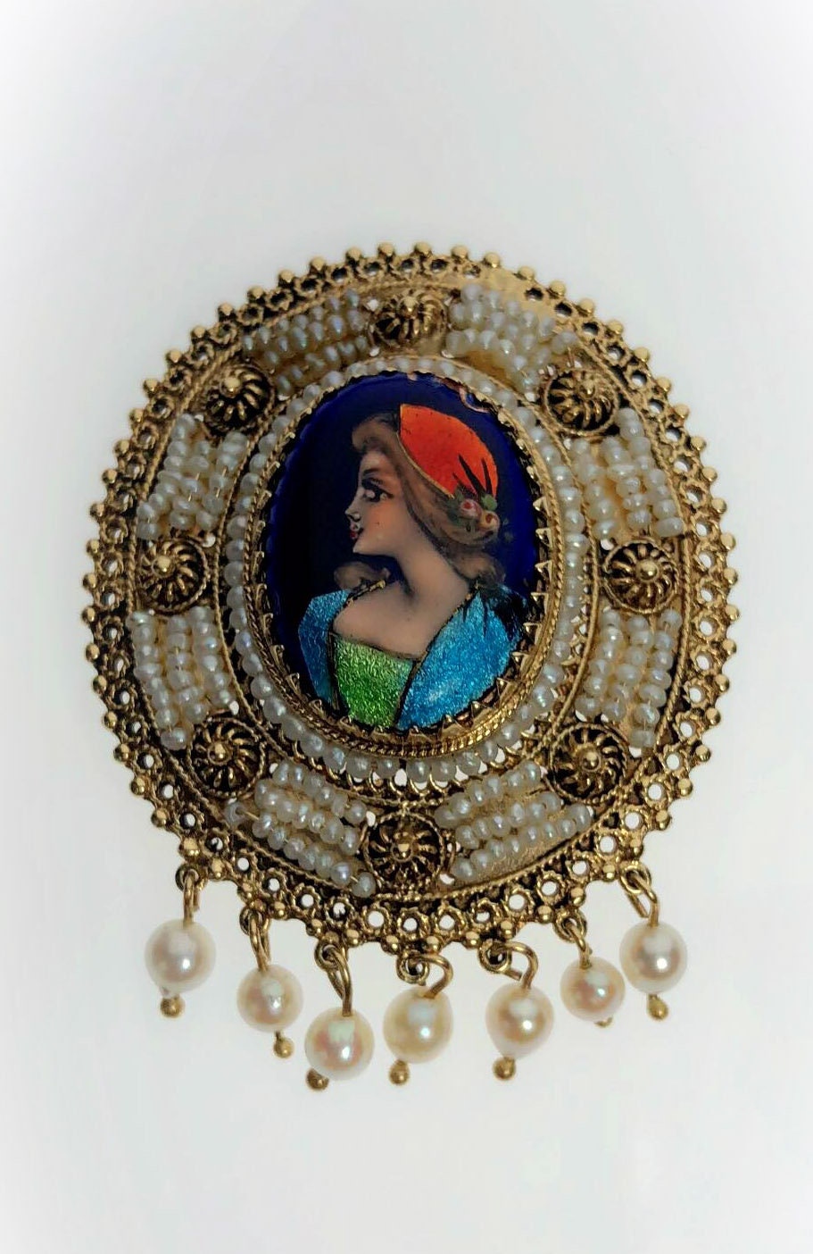 14K Gold Antique French Hand Painted  Cloisonne Limoges Cameo Pendant Brooch with Seed Pearls