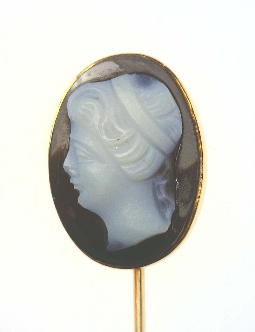 Antique 14K Gold Bezel Set Hand Carved Onyx Cameo Stick Pin