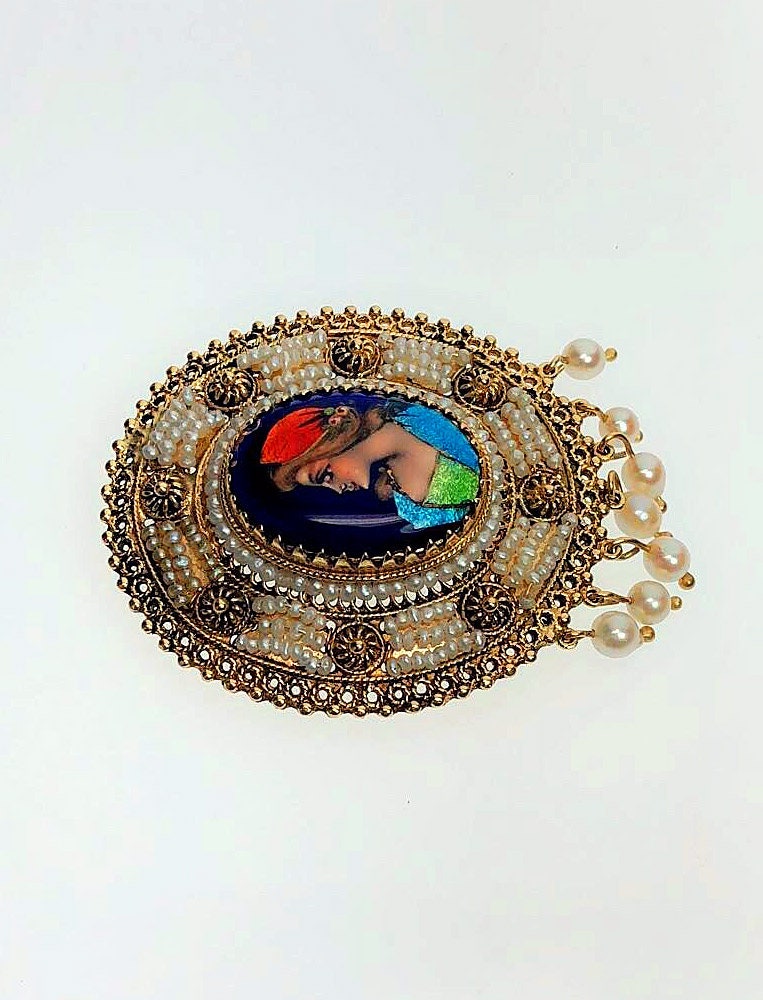 Product Image for 14K Gold Antique French Hand Painted  Cloisonne Limoges Cameo Pendant Brooch with Seed Pearls