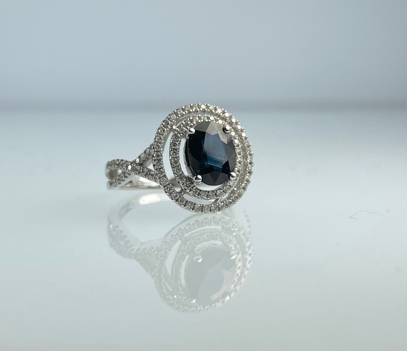 Product Image for Blue Sapphire & Diamond - Double Halo Ring - 14k White Gold