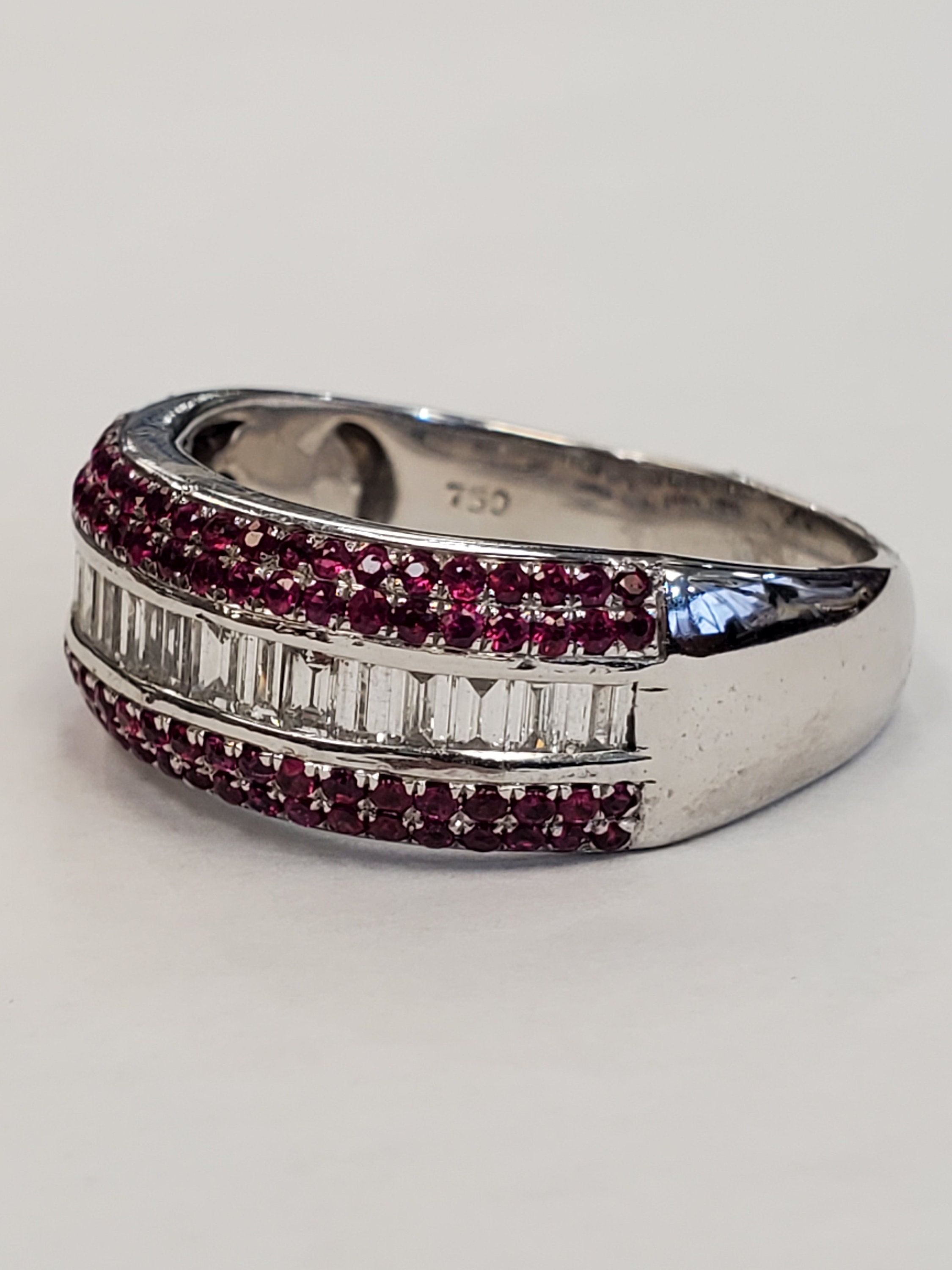 Product Image for 1.14cttw baguette diamond and .50cttw ruby 18k white gold band ring size 10.5