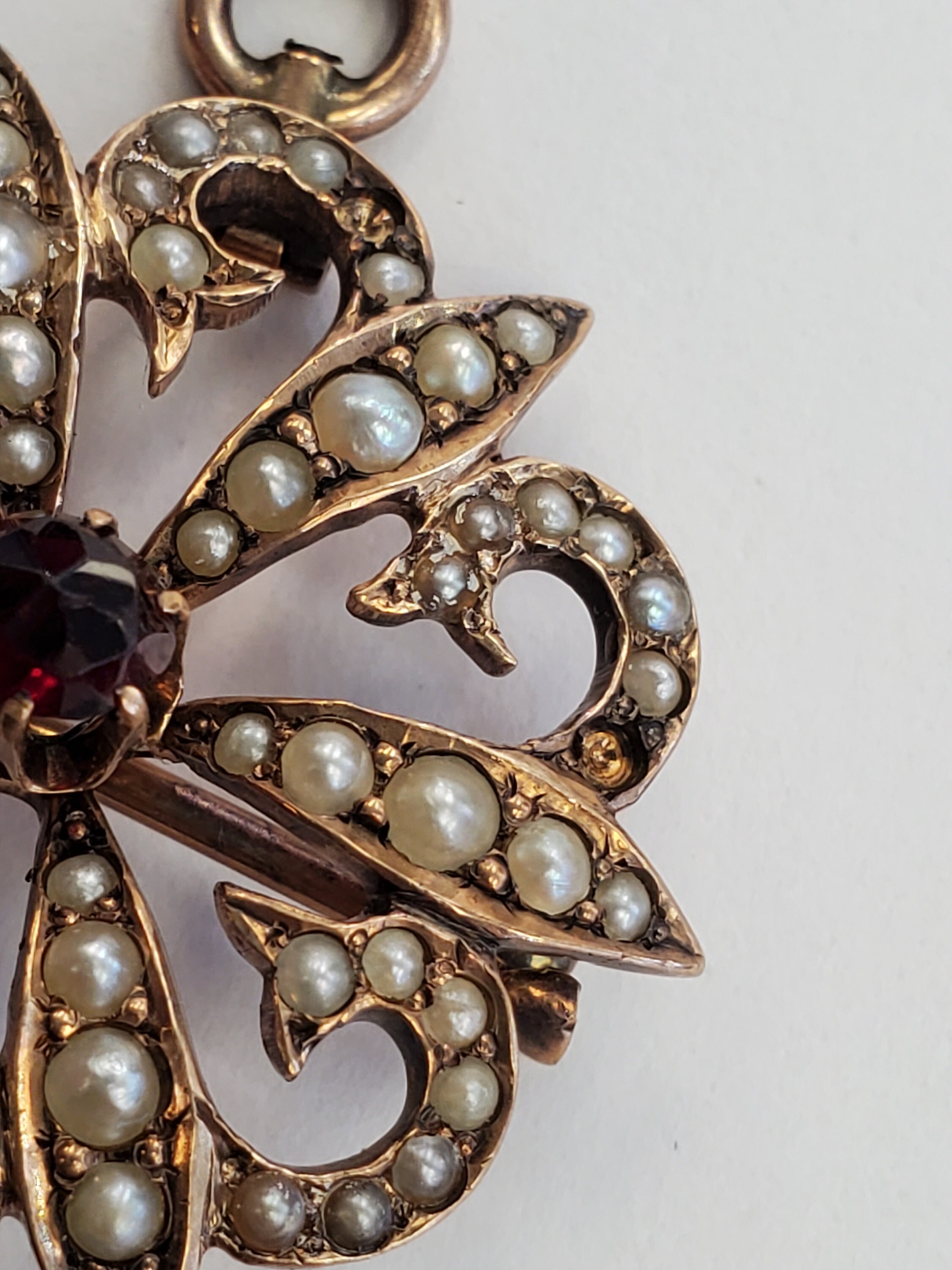 Product Image for 10k Rose Gold Victorian Seed Pearl Rose Cut Garnet Brooch Pendant