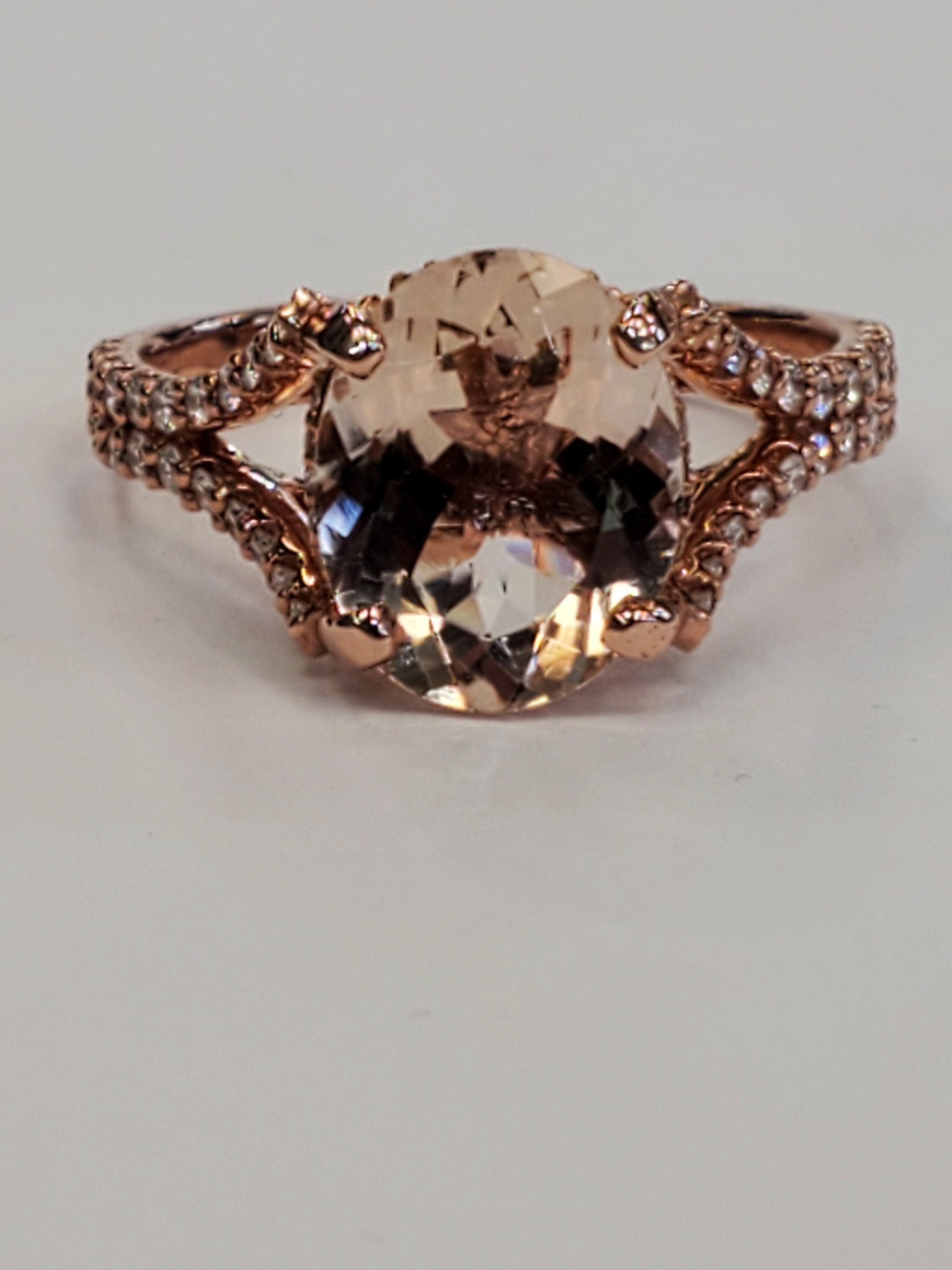 Product Image for 14k Rose Gold 2.50ct Morganite Oval Split Shank Ring with Diamonds size 7.5