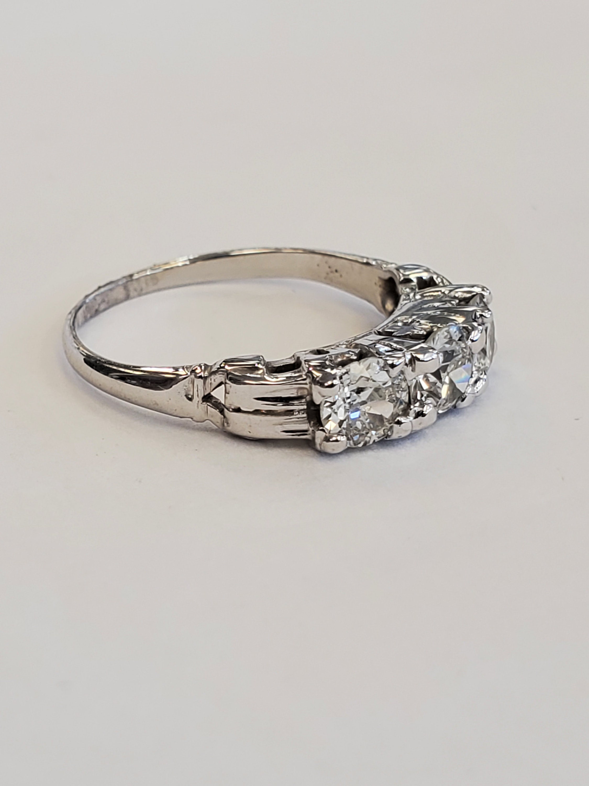 Product Image for Vintage 18k White Gold Three Diamond Old European Cut .98cttw Ring size 5 1/4