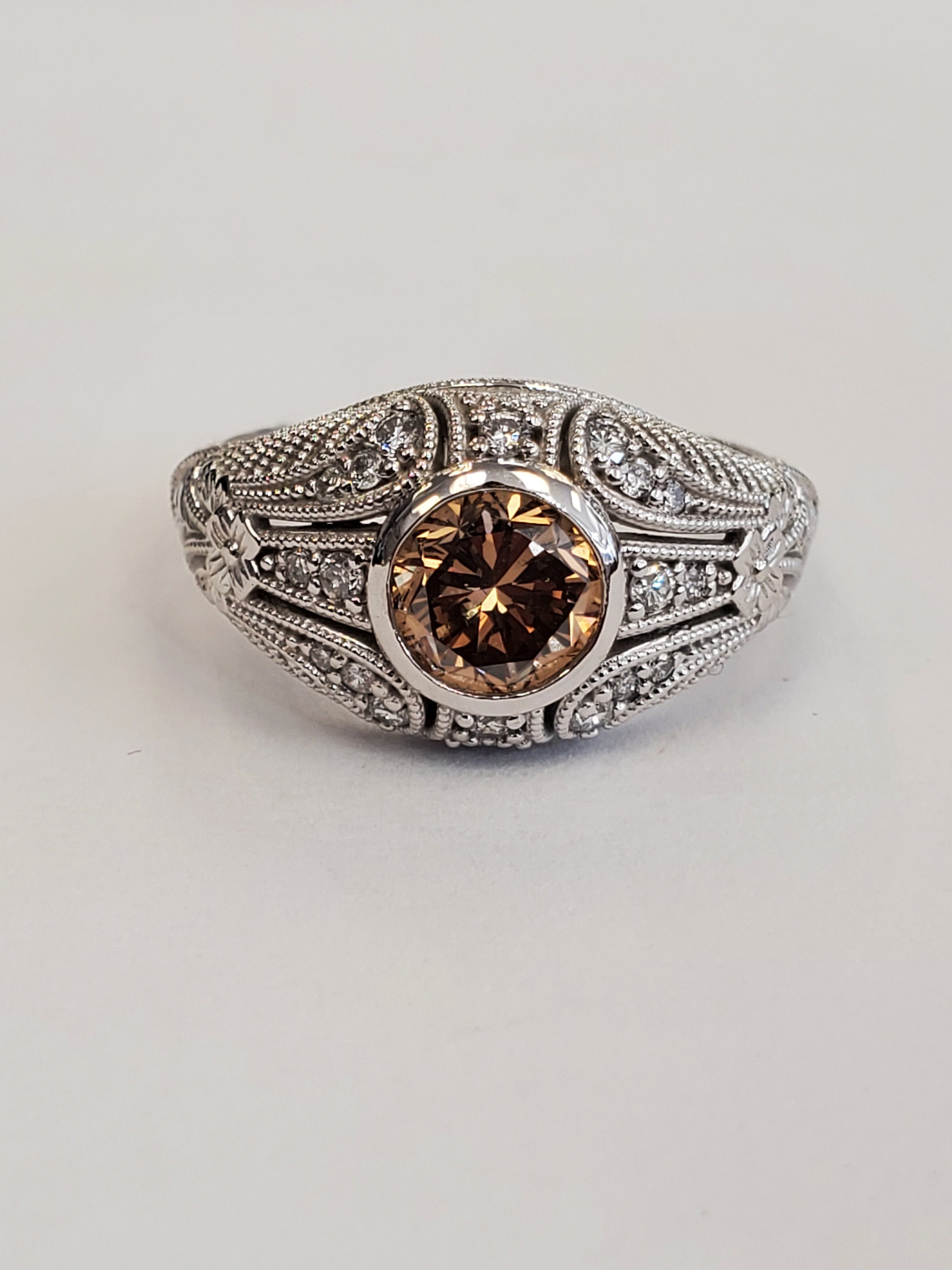 1.02ct Cognac Brown Diamond Filigree Ring 14k White Gold Size 6.5