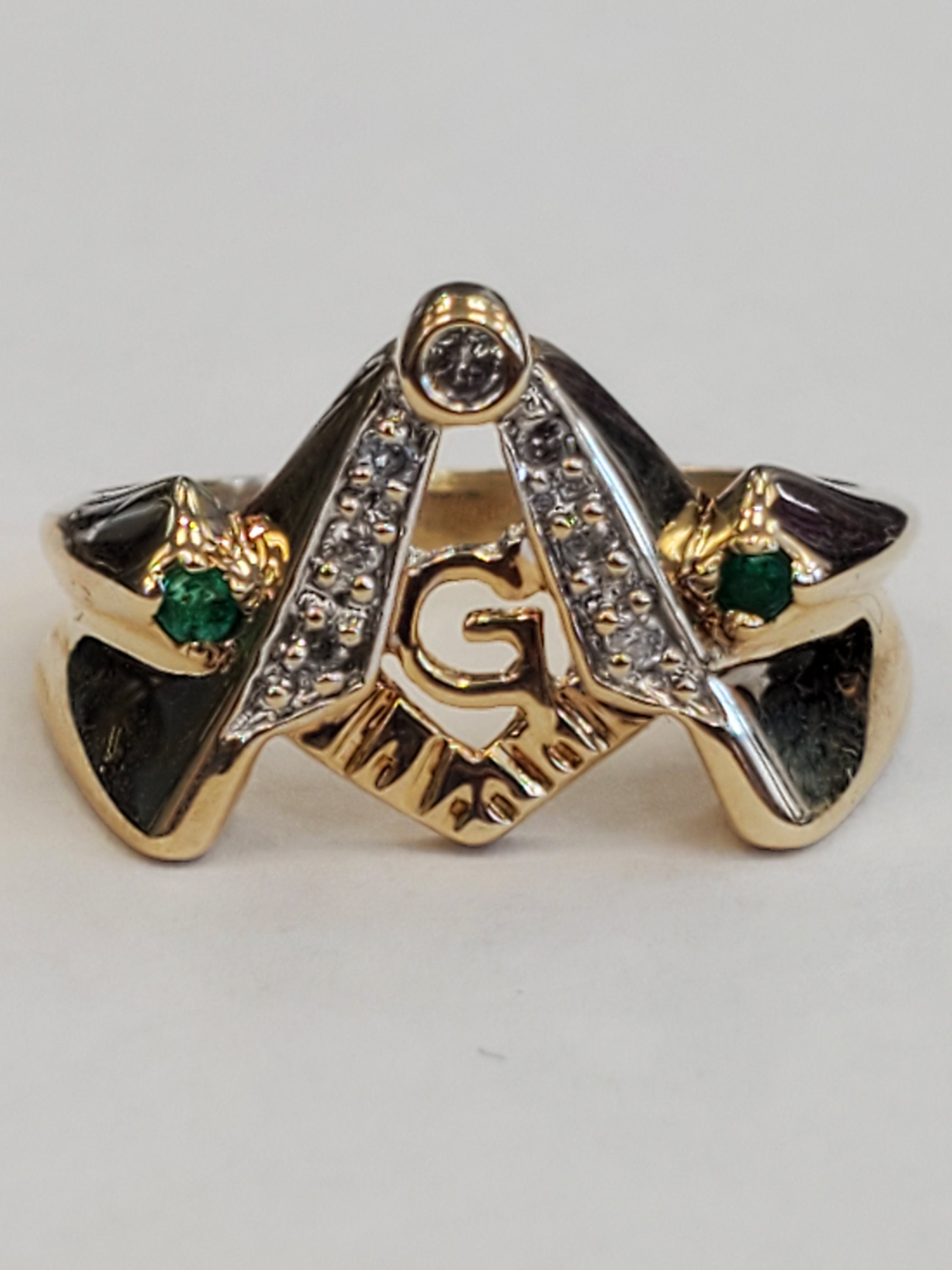 Mason Masonic Emerald and Diamond Square and Compass Ring 10k Yellow Gold Size 9