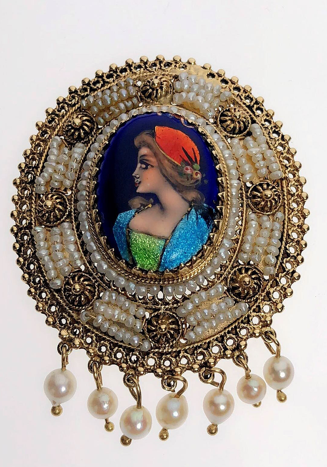 Product Image for 14K Gold Antique French Hand Painted  Cloisonne Limoges Cameo Pendant Brooch with Seed Pearls