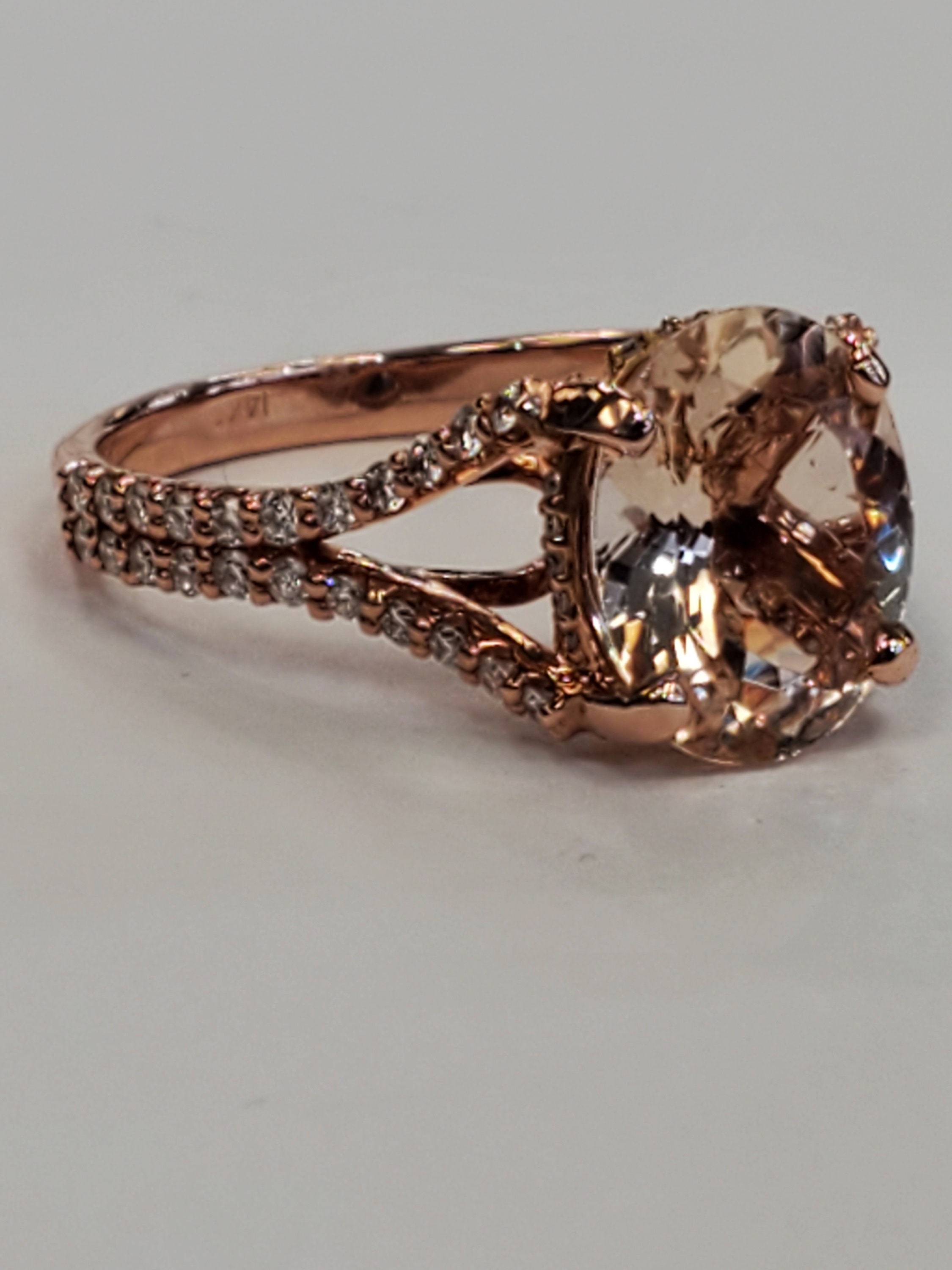 Product Image for 14k Rose Gold 2.50ct Morganite Oval Split Shank Ring with Diamonds size 7.5