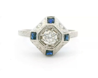 Antique Art Deco .40ct Diamond and Sapphire Engraved Ring 18k White Gold Size 10