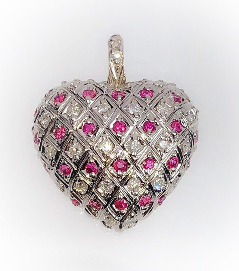 18K White Gold Ruby & Diamond Puffed Heart Pendant | Etsy