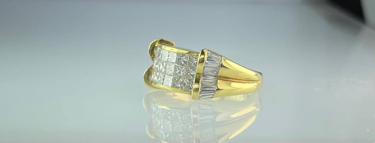 18K Yellow gold band ring with invisible set princess & baguette cut diamonds 2.50CTTW