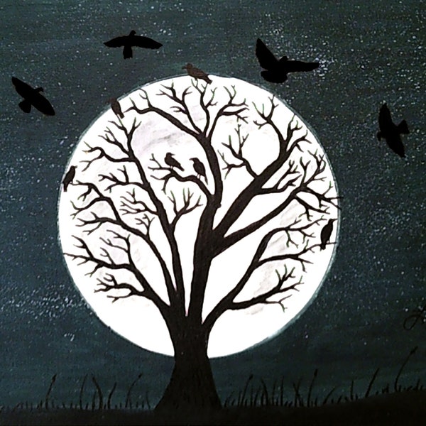 Peaceful Moonlight Gathering (Original Panel Board Painting)