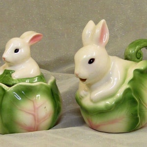 White Bunnies in Cabbages Ceramic Creamer and Sugar