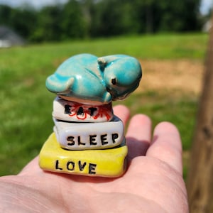 Handmade Clay Animal Book Stack: Whimsical Cat, Fox, Dog Figure