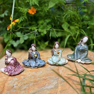 Hand Built Meditating Lady Sculpture With Gemstone Hearts, Textured Goddess Figure,  Stoneware Alter Decor