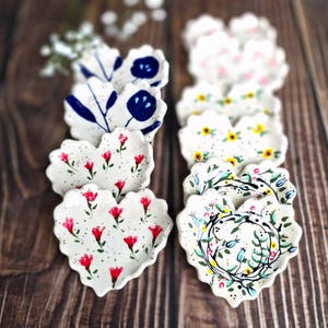 Hand Painted Ruffled Heart Spoon Rests,  Floral Collection, Ring Dish