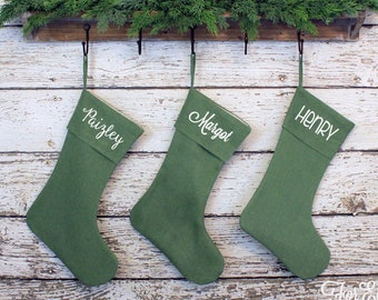 Green Linen Christmas Stocking - Personalized stocking