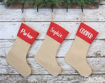 Red cuff burlap Christmas Stocking -  Personalized farmhouse stocking
