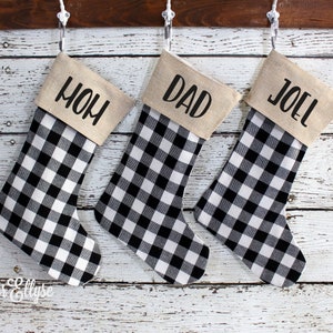 Personalized Buffalo Plaid Christmas Stocking: Black White Burlap Cuff