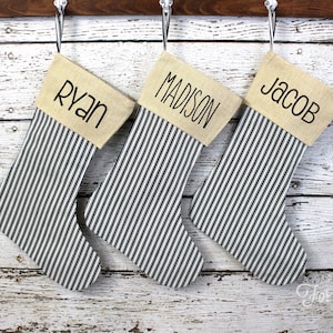 Farmhouse Green ticking stripe Christmas Stocking -  Personalized Farmhouse ticking stocking