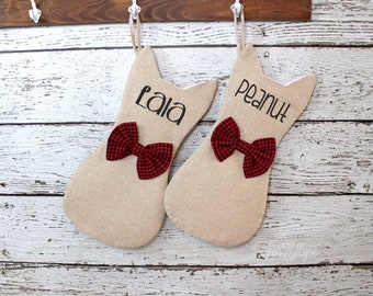 Cat Buffalo check Burlap Stocking - Personalized Plaid Christmas Pet stocking