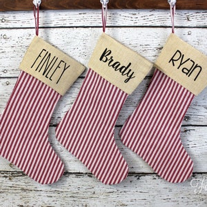 Farmhouse Red Ticking Stripe Christmas Stocking -  Personalized Farmhouse red ticking stocking