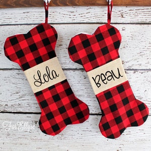 Dog Bone Buffalo check Burlap Stocking - Personalized Plaid Christmas Pet stocking