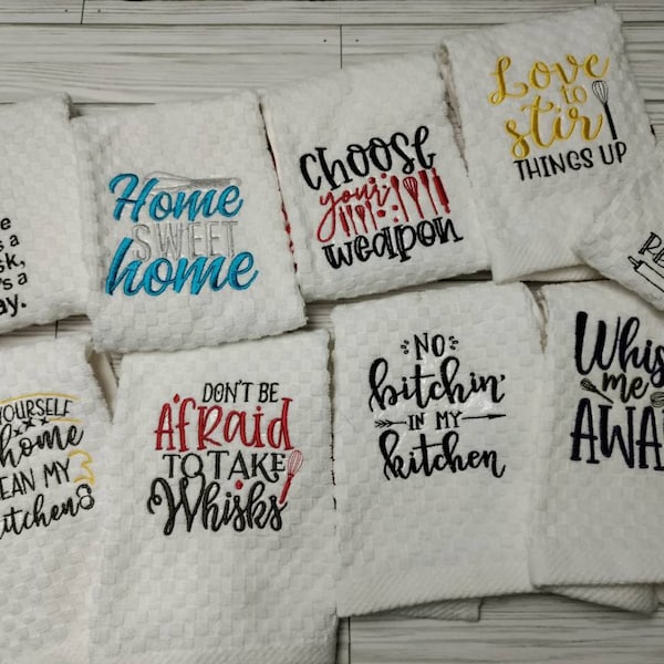 Embroidered kitchen towels, kitchen humor, kitchen linens, housewarming gifts