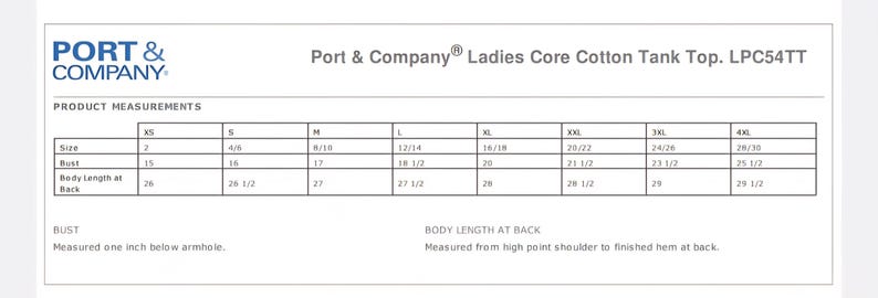 Puede incluir: Tabla de tallas para un top de tirantes para mujer. La tabla muestra las tallas XS a 4XL con las medidas de busto y longitud del cuerpo correspondientes en pulgadas.