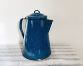 Vintage Enamel Blue Speckled Coffee Pot Percolator